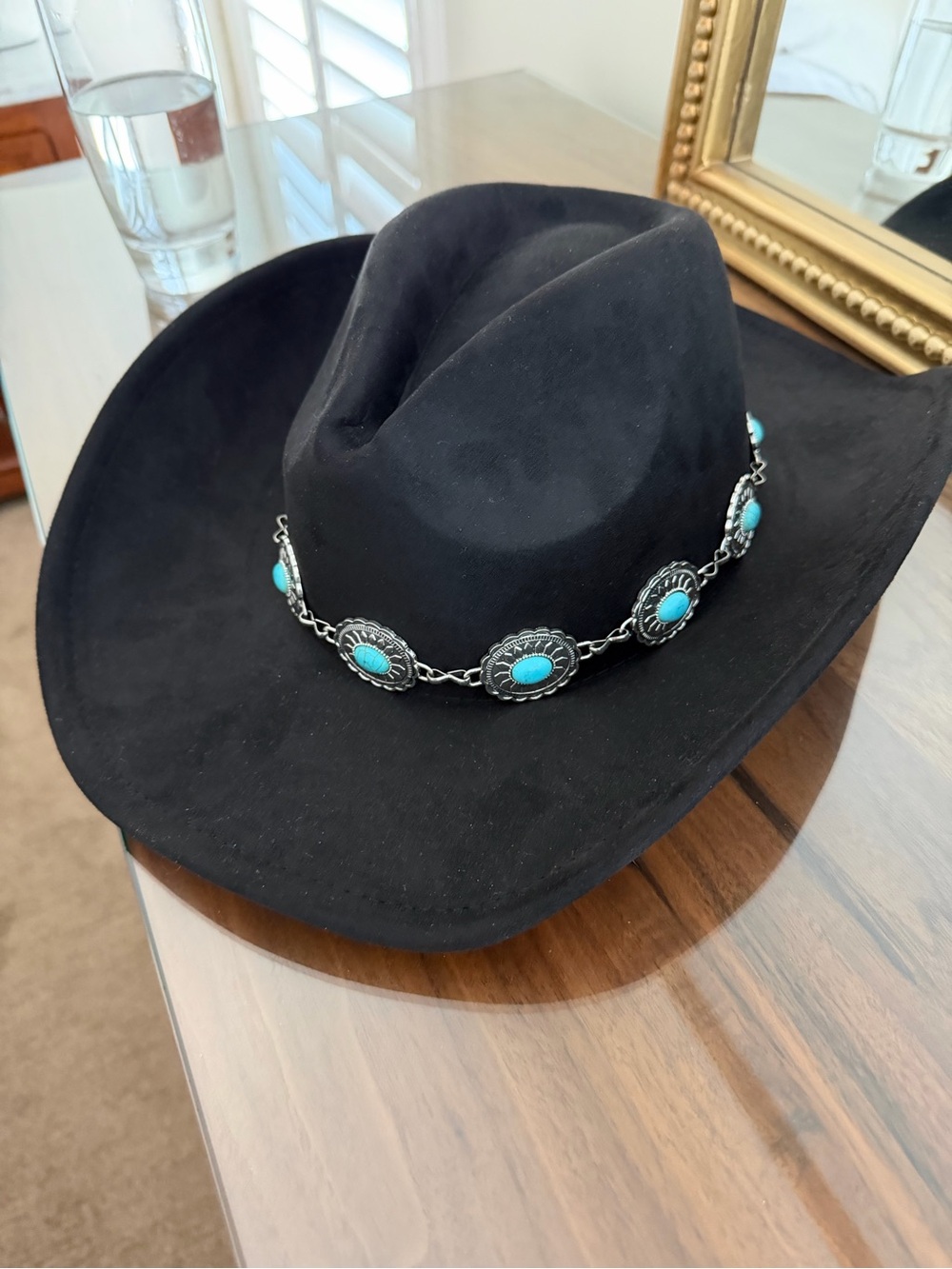 New Black Felt Western Hat with Turquoise Concho Band